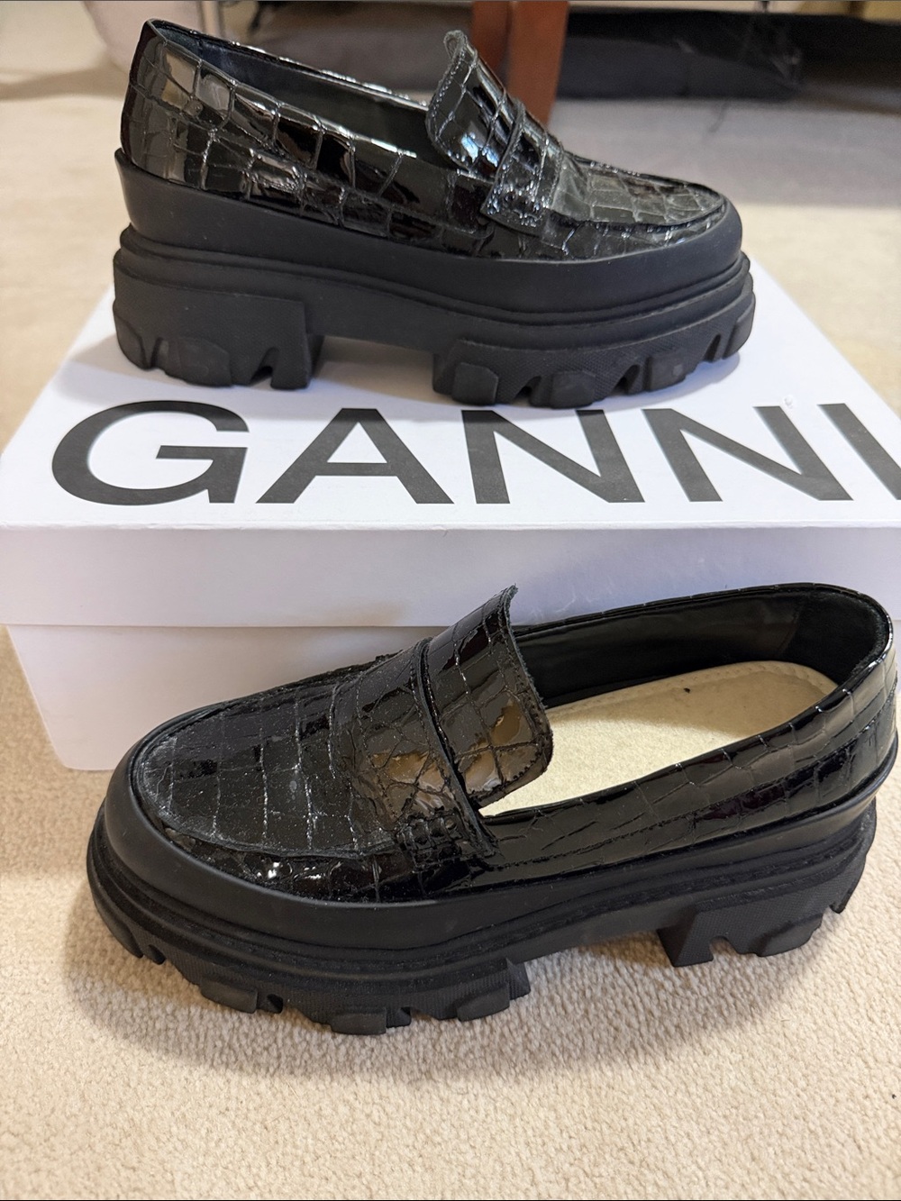 Ganni Black Croc-Embossed Platform Loafers